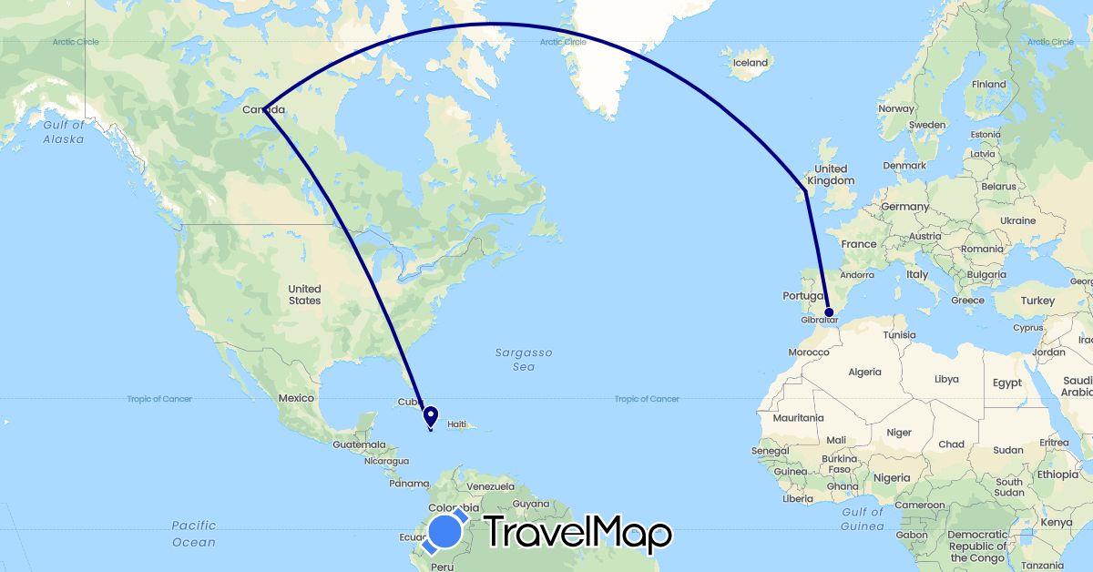 TravelMap itinerary: driving in Canada, Spain, Ireland, Jamaica (Europe, North America)